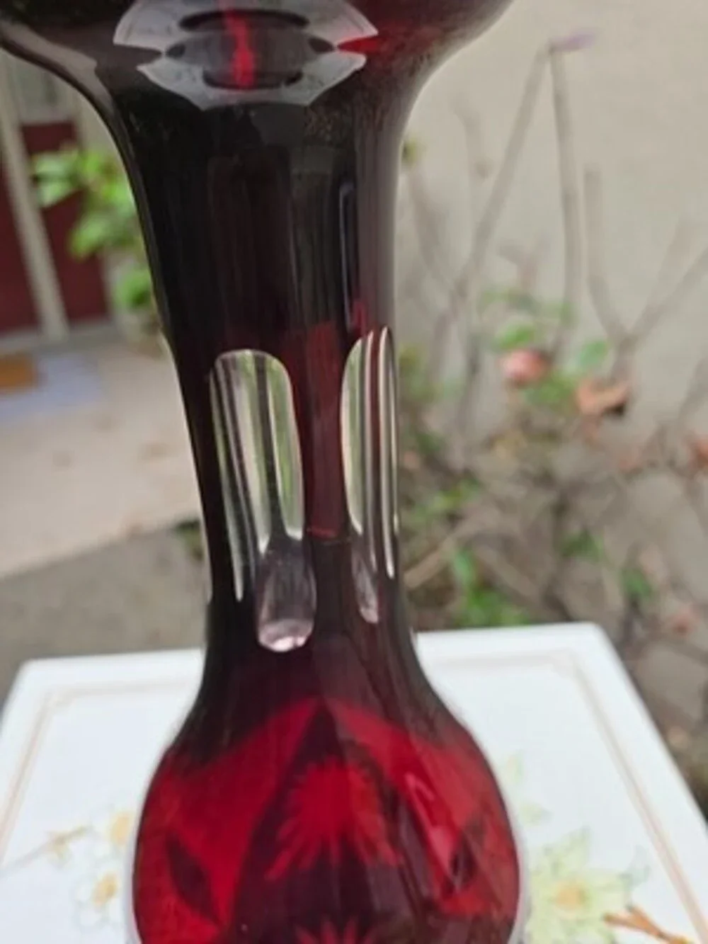 Decanter Red Ruby Bohemian Cut to Clear Glass With Stopper RARE Vintage